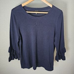Talbots Navy Blue 100% Merino Wool Blouse Ruffle ¾ Sleeve Size L